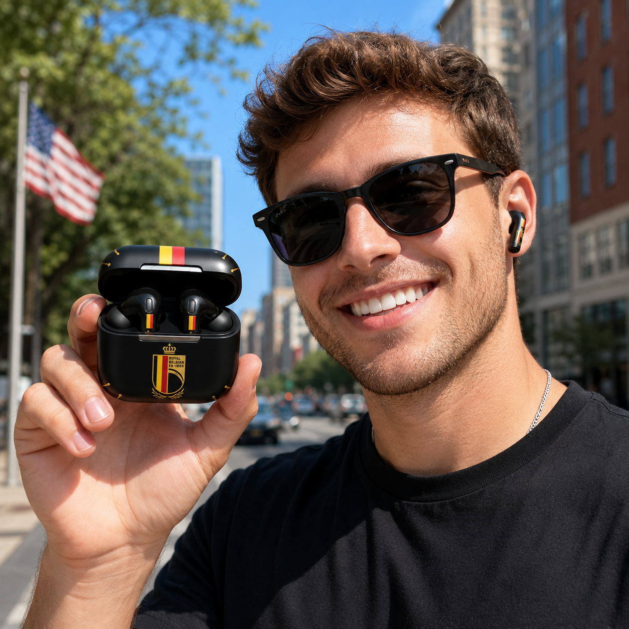 Black Red Yellow Soccer Wireless Earbuds Case Skin, CNC Engraved Football Fan Earbud Cover, Belgium Inspired Sport Design