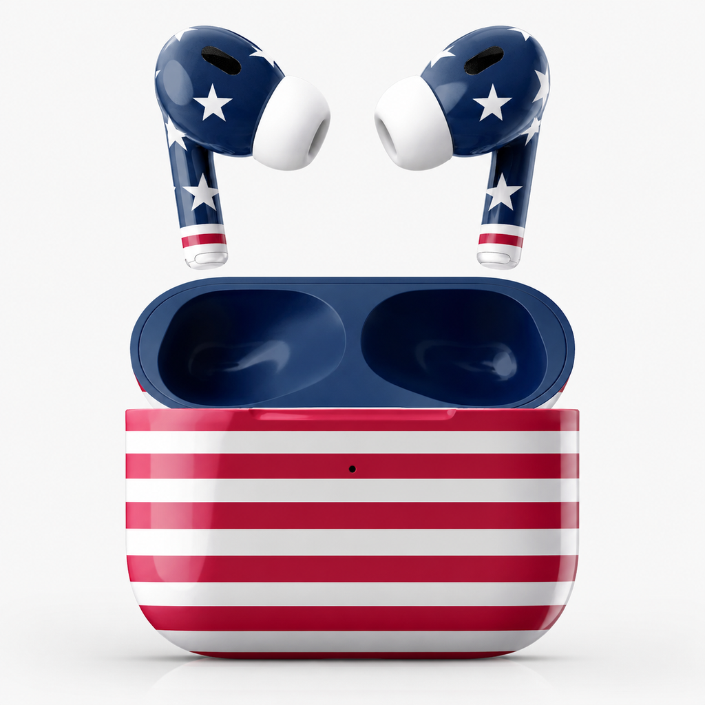 Red White Blue Wireless Earbuds Case Skin, CNC Engraved Patriotic Earbud Cover, USA Inspired Stars and Stripes Design