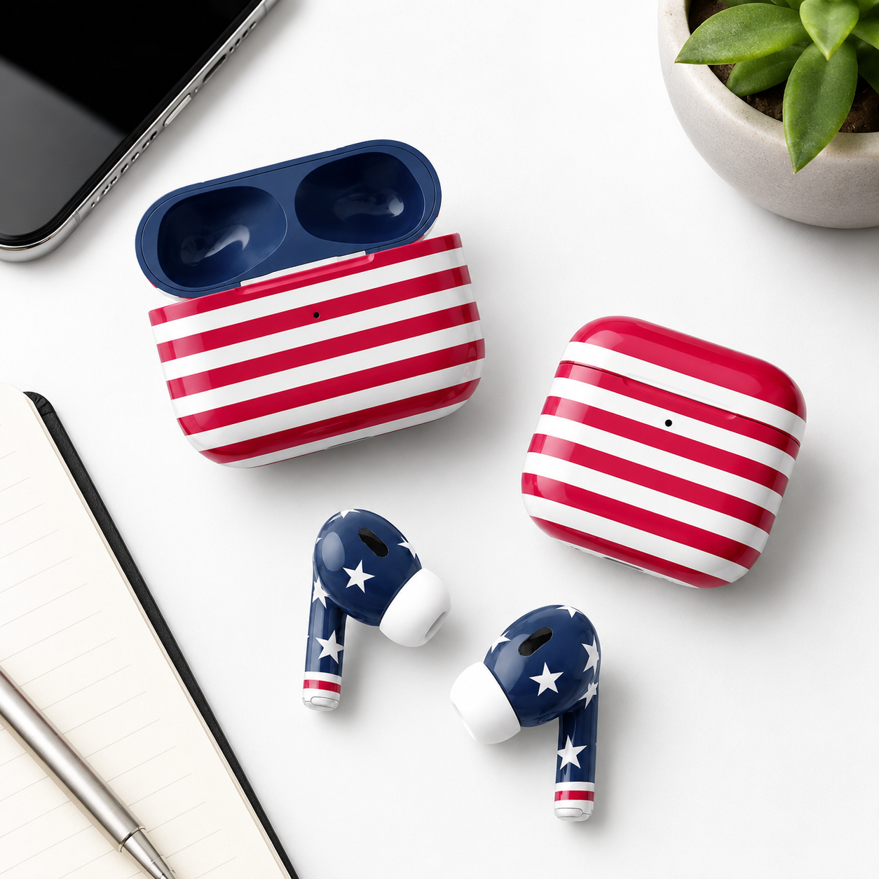 Red White Blue Wireless Earbuds Case Skin, CNC Engraved Patriotic Earbud Cover, USA Inspired Stars and Stripes Design