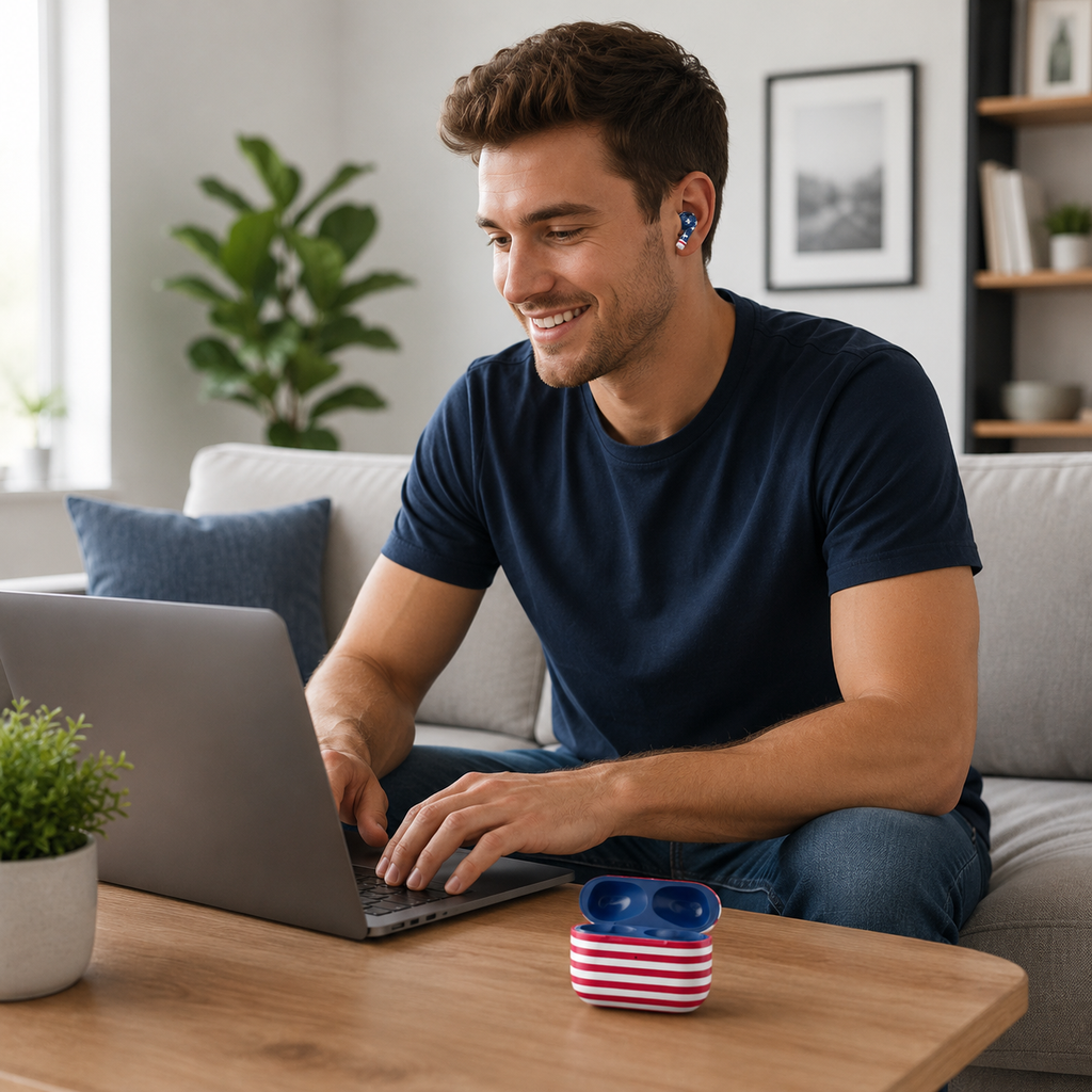 Red White Blue Wireless Earbuds Case Skin, CNC Engraved Patriotic Earbud Cover, USA Inspired Stars and Stripes Design