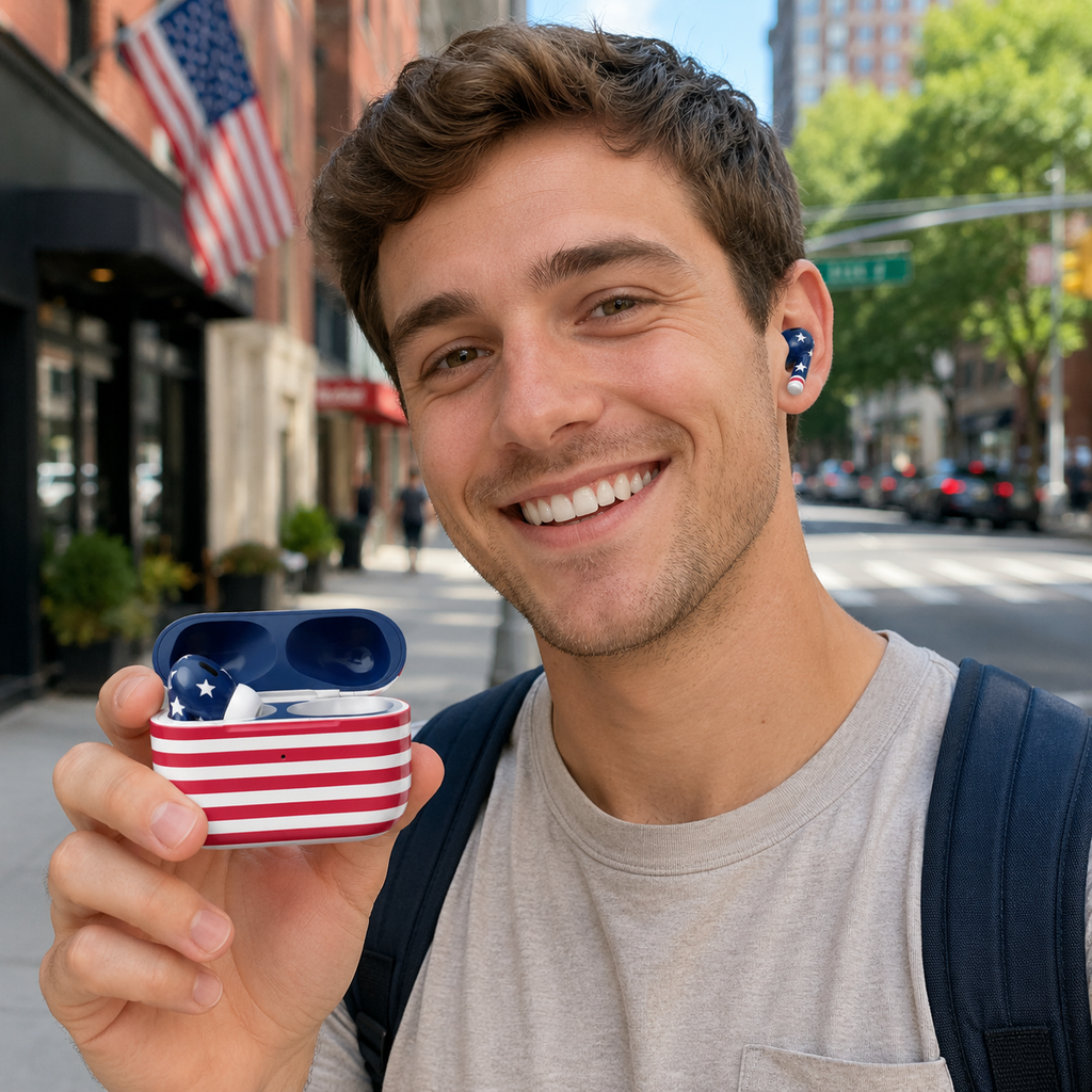 Red White Blue Wireless Earbuds Case Skin, CNC Engraved Patriotic Earbud Cover, USA Inspired Stars and Stripes Design