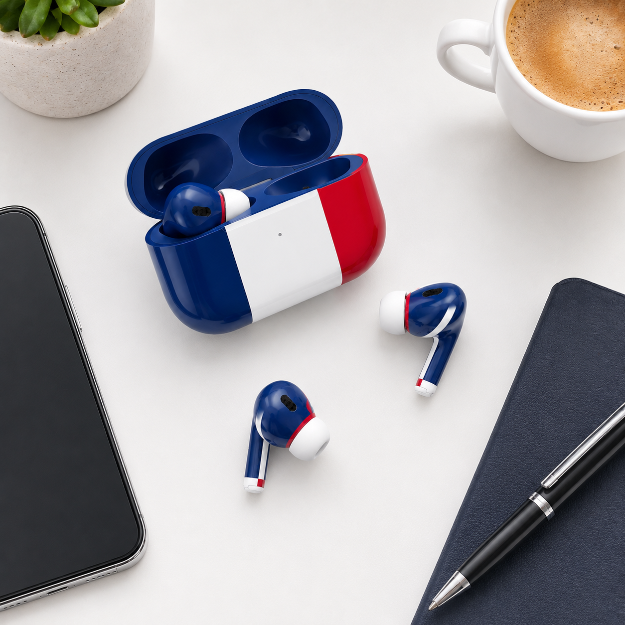 Blue White Red Wireless Earbuds Case Skin, CNC Engraved Soccer Fan Earbud Cover, France Inspired Sport Design