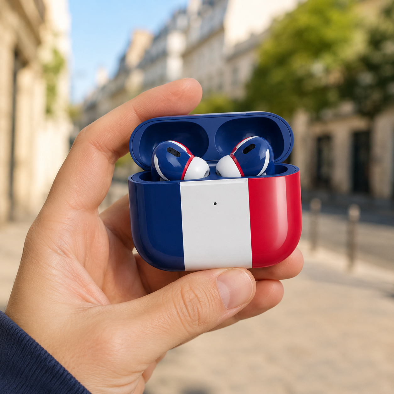 Blue White Red Wireless Earbuds Case Skin, CNC Engraved Soccer Fan Earbud Cover, France Inspired Sport Design