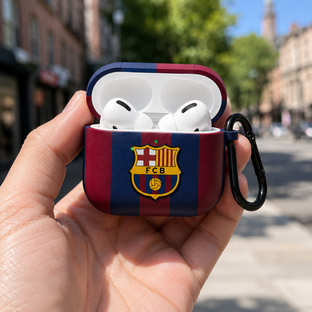 Blue Red Striped Earphone Case, Soccer Fan Inspired Protective Earbuds Cover, Sport Style Earphone Case with Clip