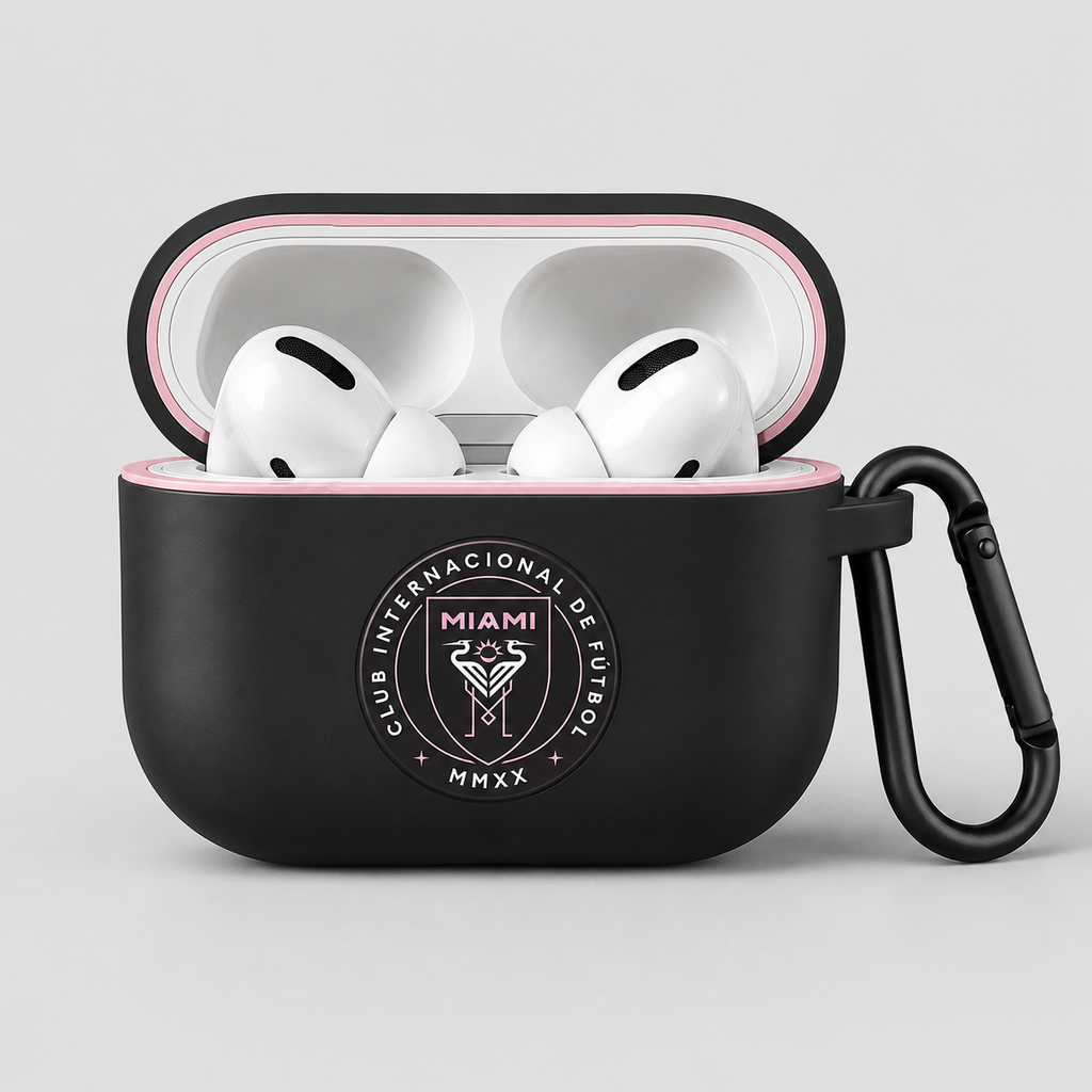 Black Pink Soccer Inspired Earphone Case, Protective Earbuds Cover with Clip, Miami Style Sport Fan Earphone Case