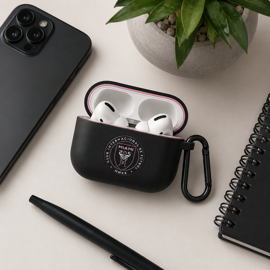Black Pink Soccer Inspired Earphone Case, Protective Earbuds Cover with Clip, Miami Style Sport Fan Earphone Case