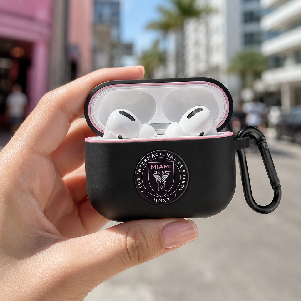 Black Pink Soccer Inspired Earphone Case, Protective Earbuds Cover with Clip, Miami Style Sport Fan Earphone Case