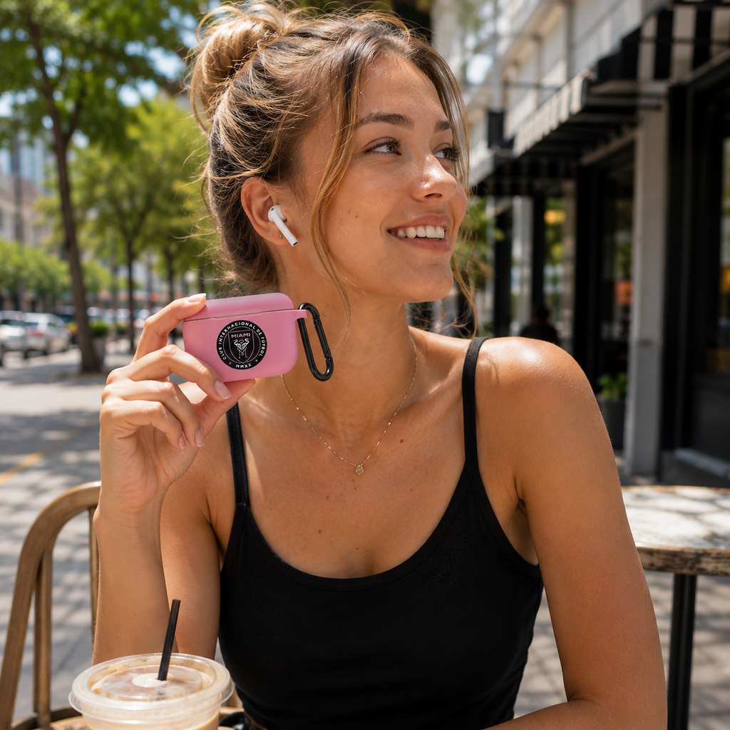 Pink Soccer Inspired Earphone Case, Protective Earbuds Cover with Clip, Cute Miami Style Sport Fan Earphone Case
