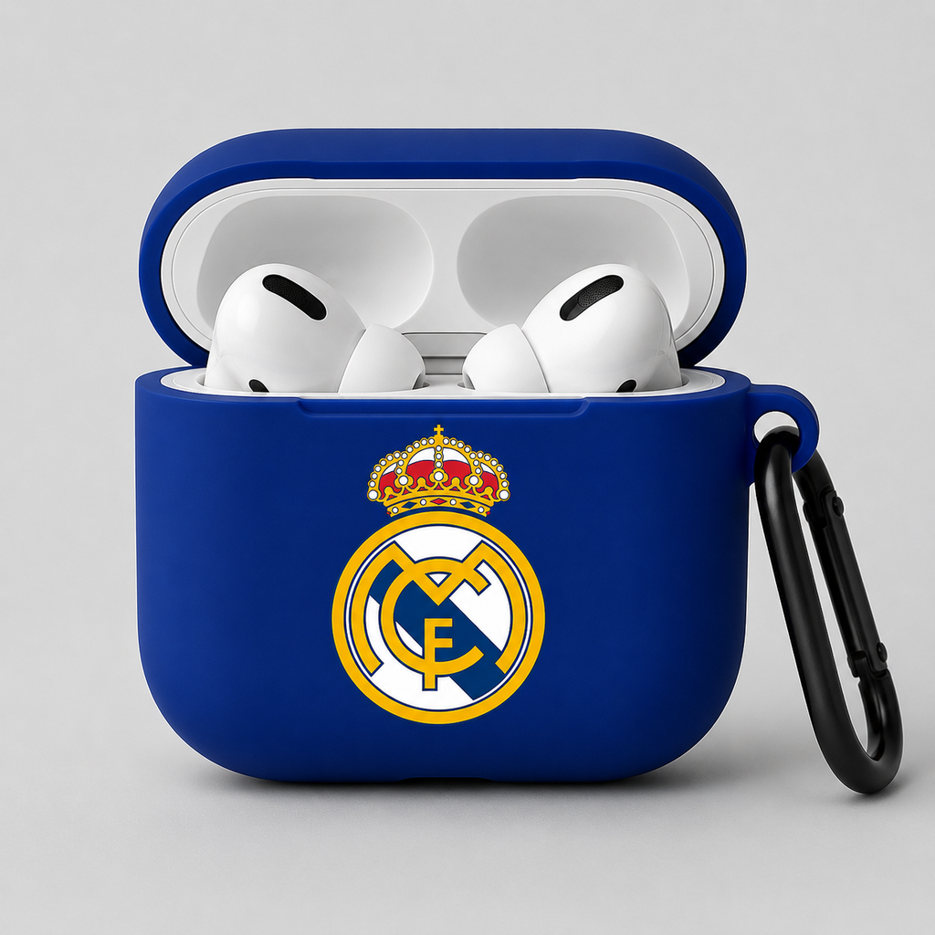 Blue Madrid-Inspired Soccer Earphone Case, Protective Earbuds Cover with Clip, Sport Fan Earphone Case