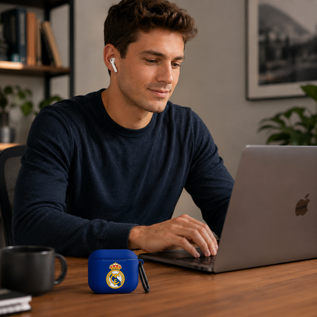 Blue Madrid-Inspired Soccer Earphone Case, Protective Earbuds Cover with Clip, Sport Fan Earphone Case