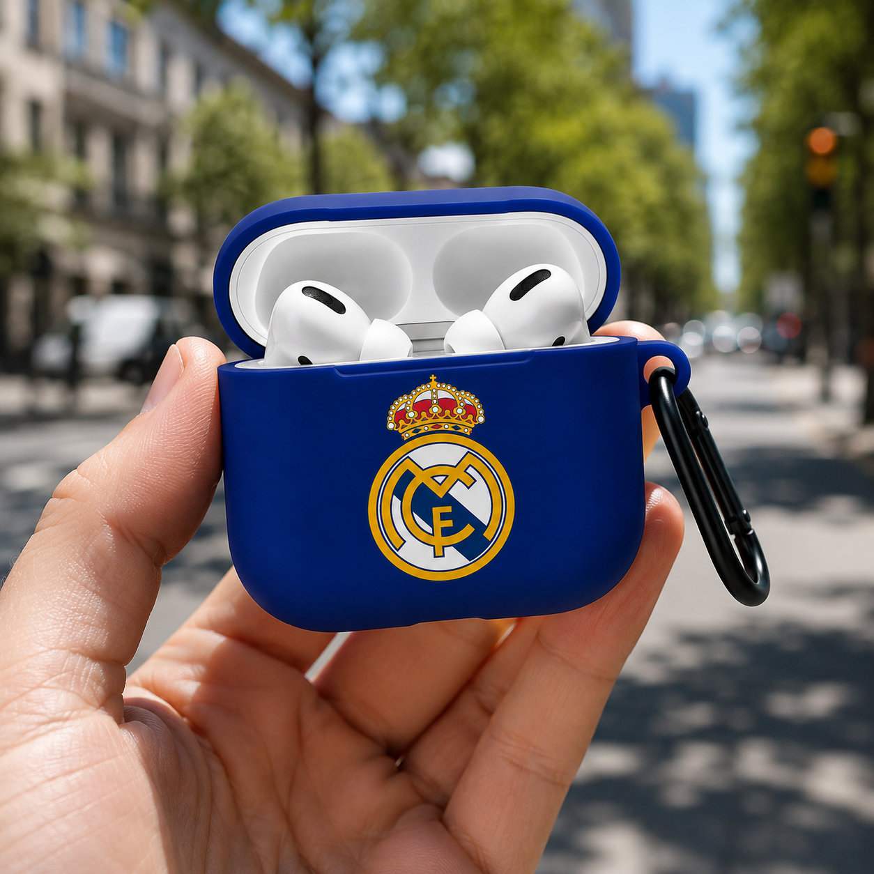 Blue Madrid-Inspired Soccer Earphone Case, Protective Earbuds Cover with Clip, Sport Fan Earphone Case