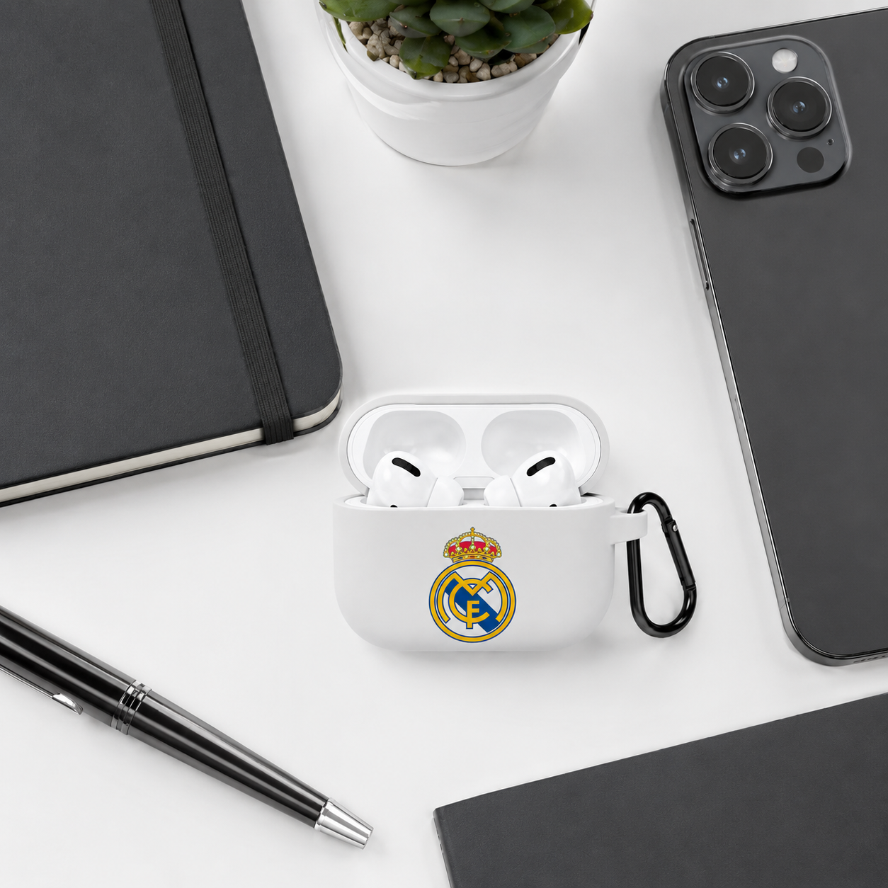 White Madrid-Inspired Soccer Earphone Case, Protective Earbuds Cover with Clip, Sport Fan Earphone Case