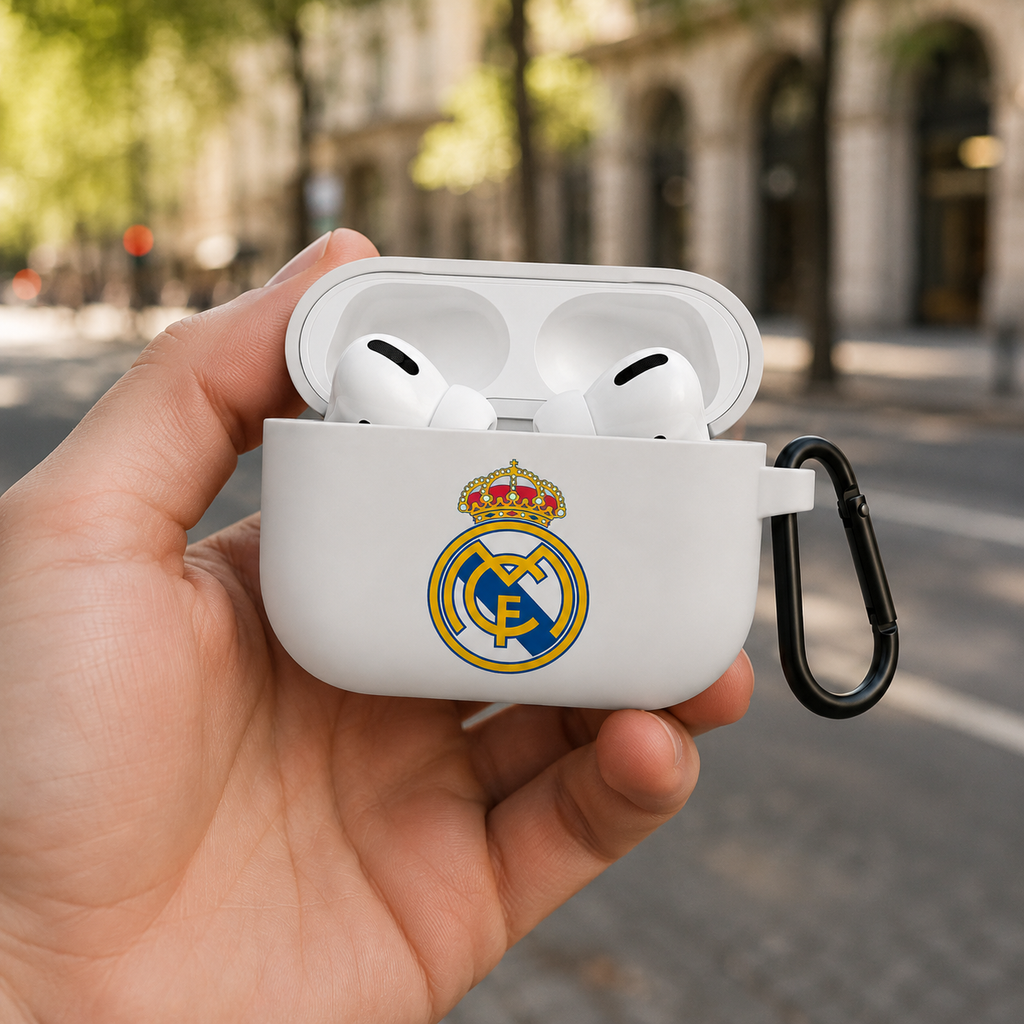 White Madrid-Inspired Soccer Earphone Case, Protective Earbuds Cover with Clip, Sport Fan Earphone Case