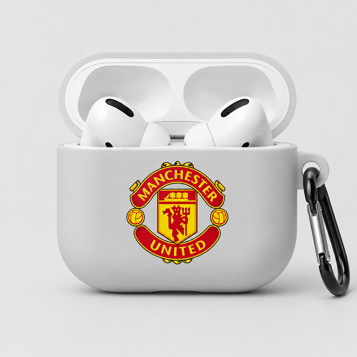 White Manchester-Inspired Soccer Earphone Case, Protective Earbuds Cover with Clip, Red Gold Football Fan Case