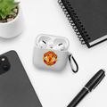 White Manchester-Inspired Soccer Earphone Case, Protective Earbuds Cover with Clip, Red Gold Football Fan Case