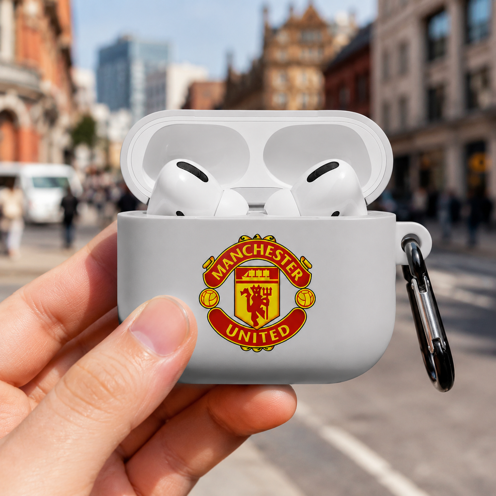 White Manchester-Inspired Soccer Earphone Case, Protective Earbuds Cover with Clip, Red Gold Football Fan Case