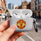 White Manchester-Inspired Soccer Earphone Case, Protective Earbuds Cover with Clip, Red Gold Football Fan Case