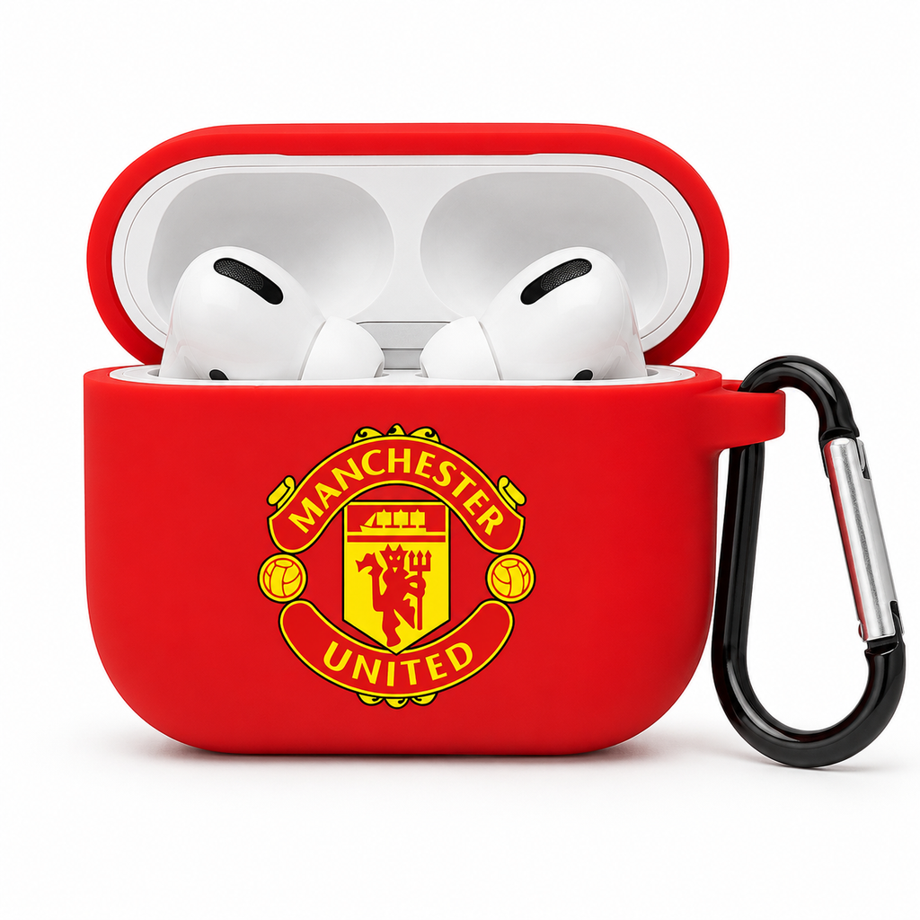 Red Manchester-Inspired Soccer Earphone Case, Protective Earbuds Cover with Clip, Football Fan Tech Accessory