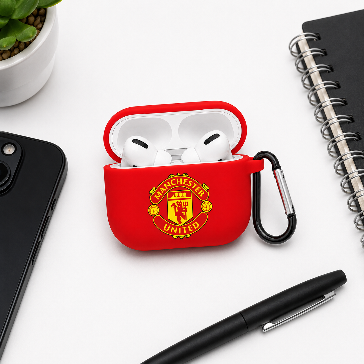 Red Manchester-Inspired Soccer Earphone Case, Protective Earbuds Cover with Clip, Football Fan Tech Accessory