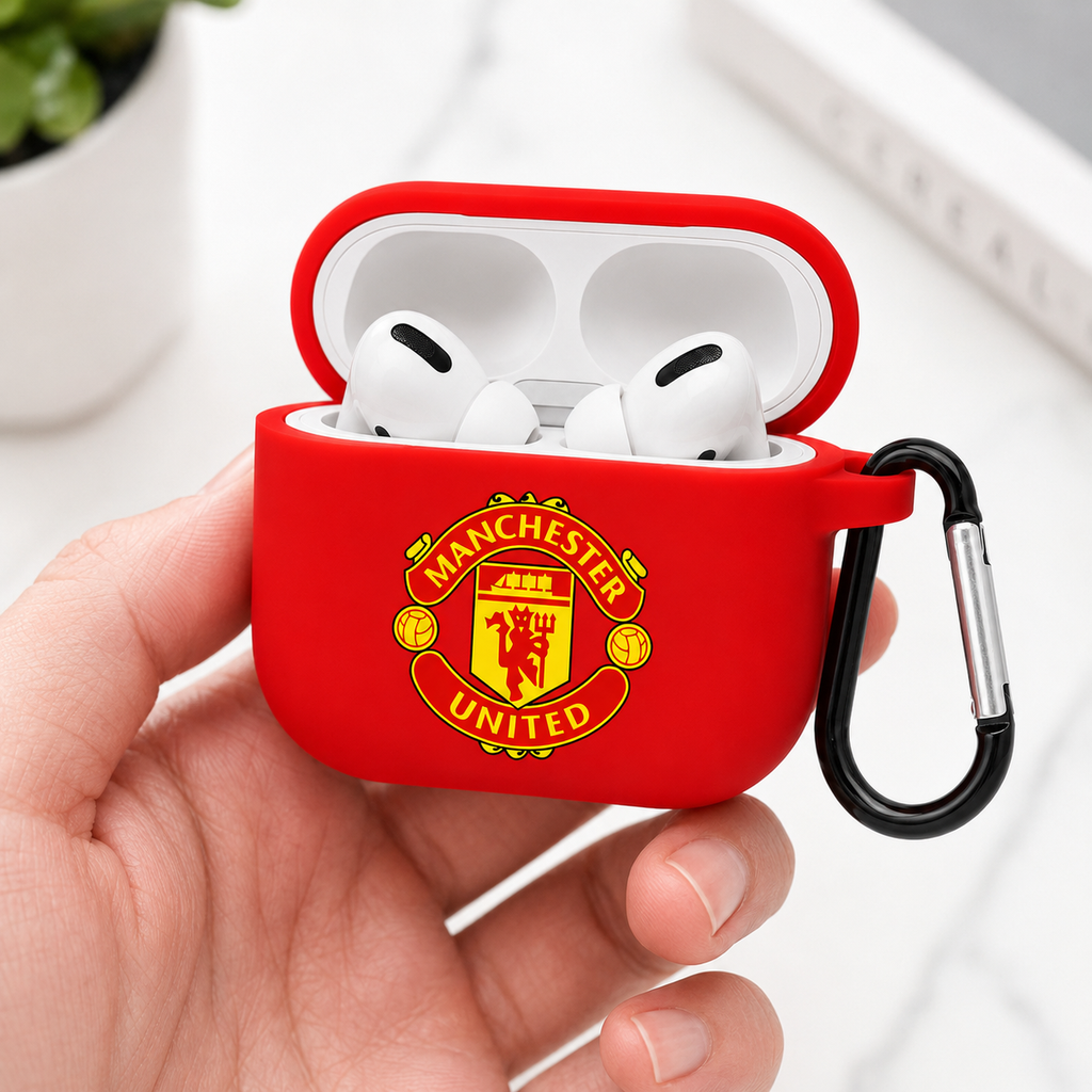Red Manchester-Inspired Soccer Earphone Case, Protective Earbuds Cover with Clip, Football Fan Tech Accessory