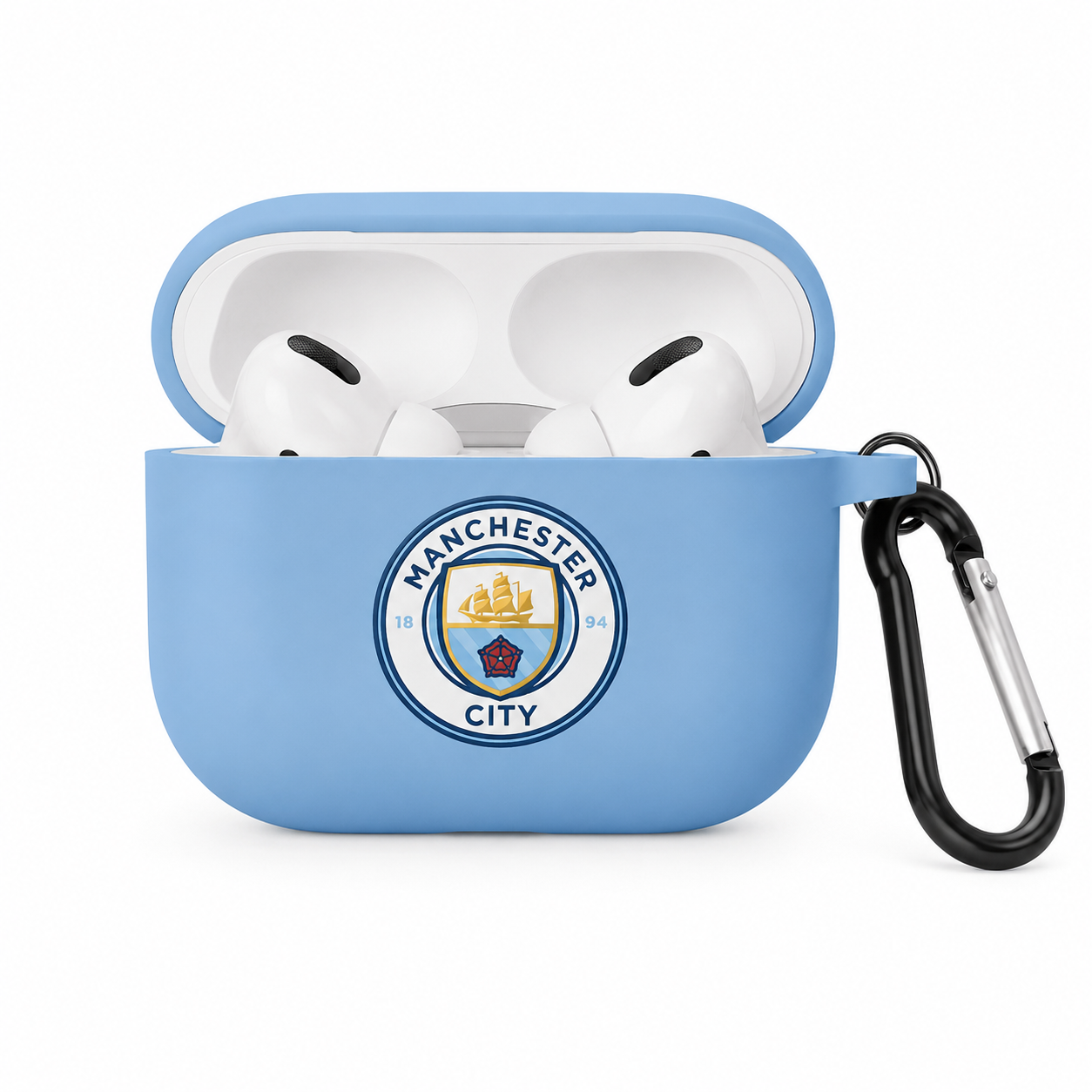Light Blue Manchester-Inspired Soccer Earphone Case, Protective Earbuds Cover with Clip, Football Fan Tech Accessory