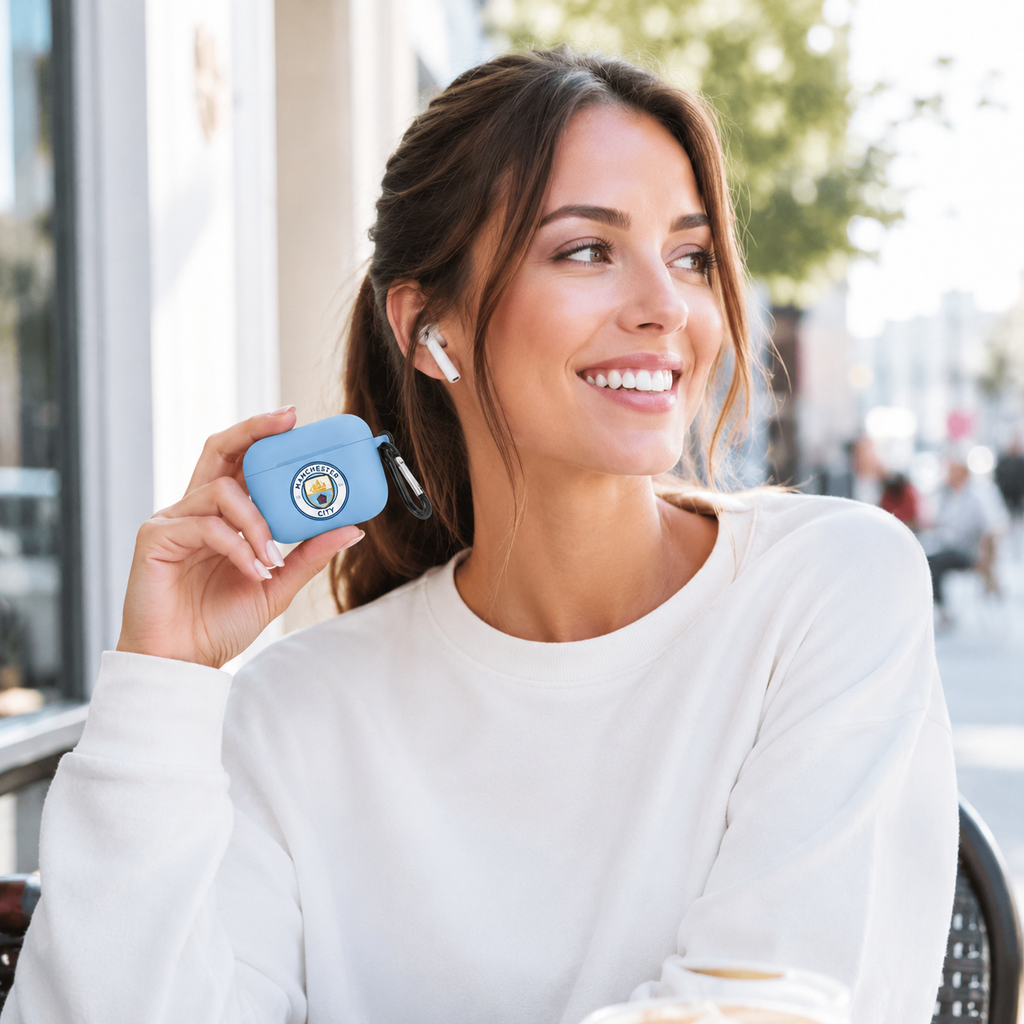 Light Blue Manchester-Inspired Soccer Earphone Case, Protective Earbuds Cover with Clip, Football Fan Tech Accessory