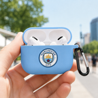 Light Blue Manchester-Inspired Soccer Earphone Case, Protective Earbuds Cover with Clip, Football Fan Tech Accessory