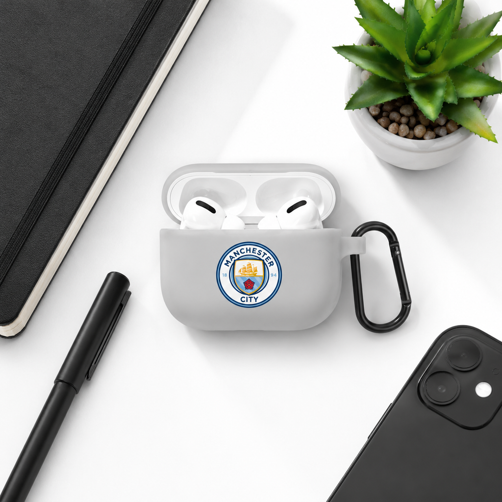 White Manchester-Inspired Soccer Earphone Case, Protective Earbuds Cover with Clip, Football Fan Tech Accessory