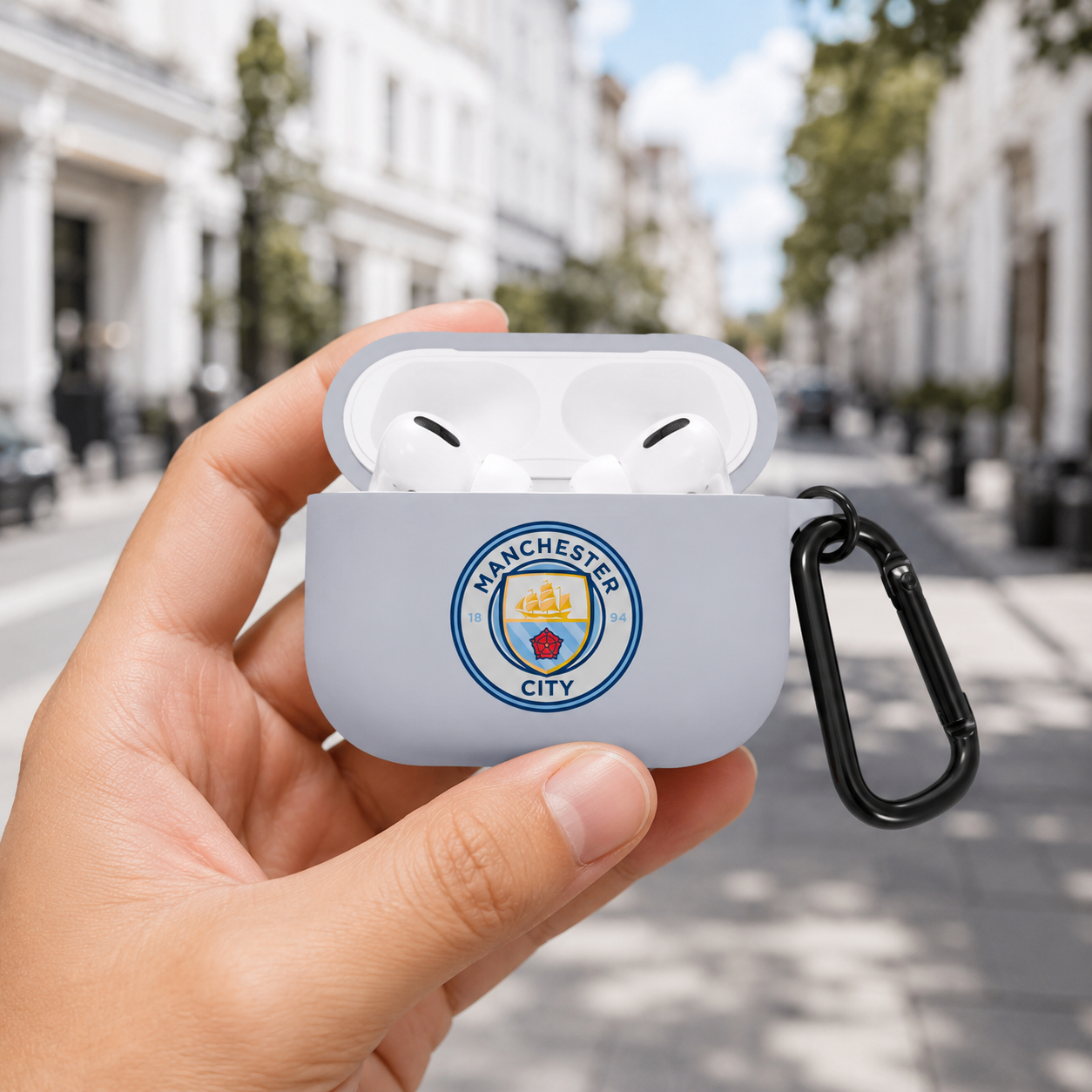 White Manchester-Inspired Soccer Earphone Case, Protective Earbuds Cover with Clip, Football Fan Tech Accessory
