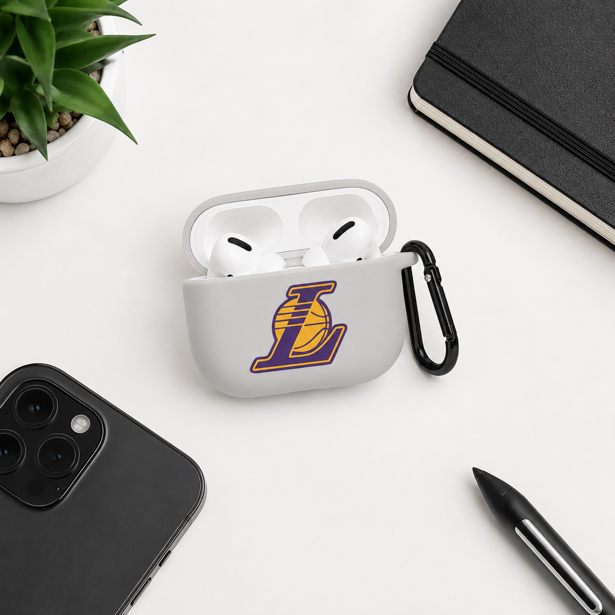 White LA-Inspired Basketball Earphone Case, Protective Earbuds Cover with Clip, Sports Fan Tech Accessory