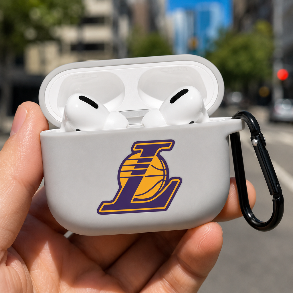 White LA-Inspired Basketball Earphone Case, Protective Earbuds Cover with Clip, Sports Fan Tech Accessory