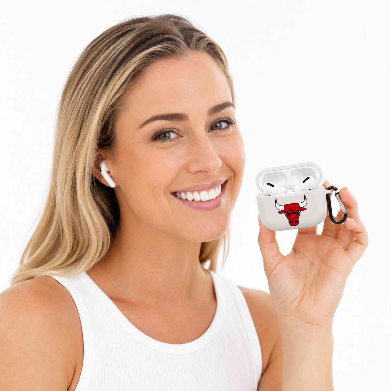 White Basketball Bull Earphone Case, Protective Earbuds Cover with Clip, Sports Fan Tech Accessory