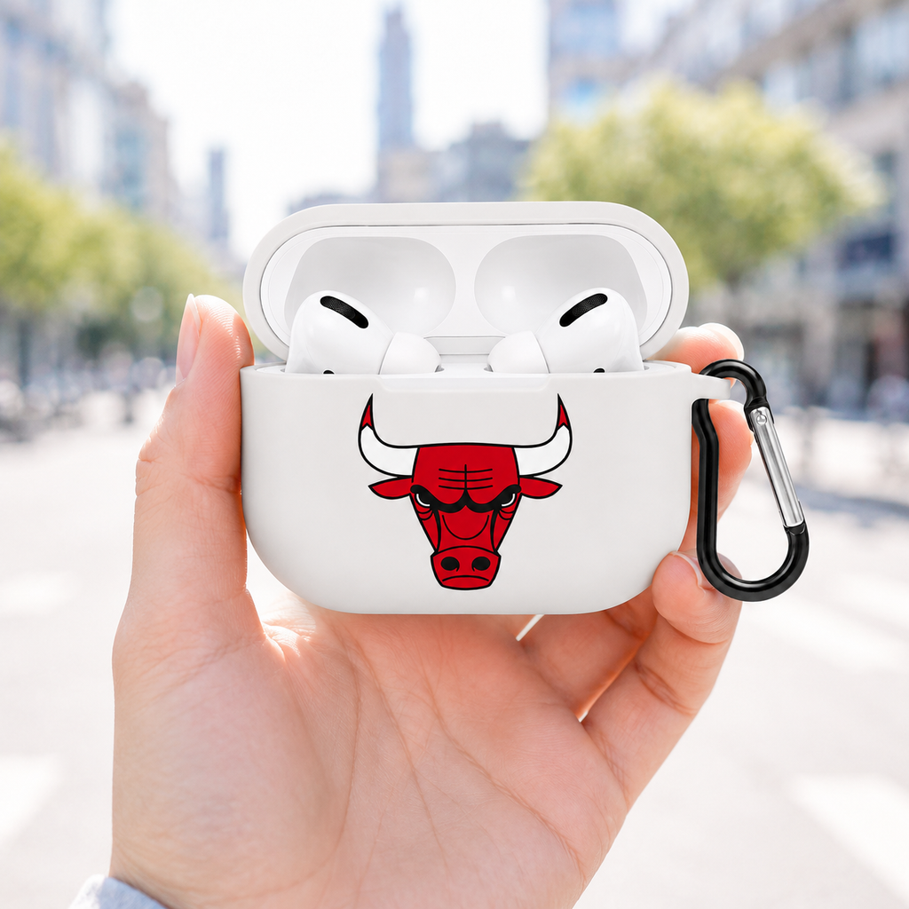 White Basketball Bull Earphone Case, Protective Earbuds Cover with Clip, Sports Fan Tech Accessory