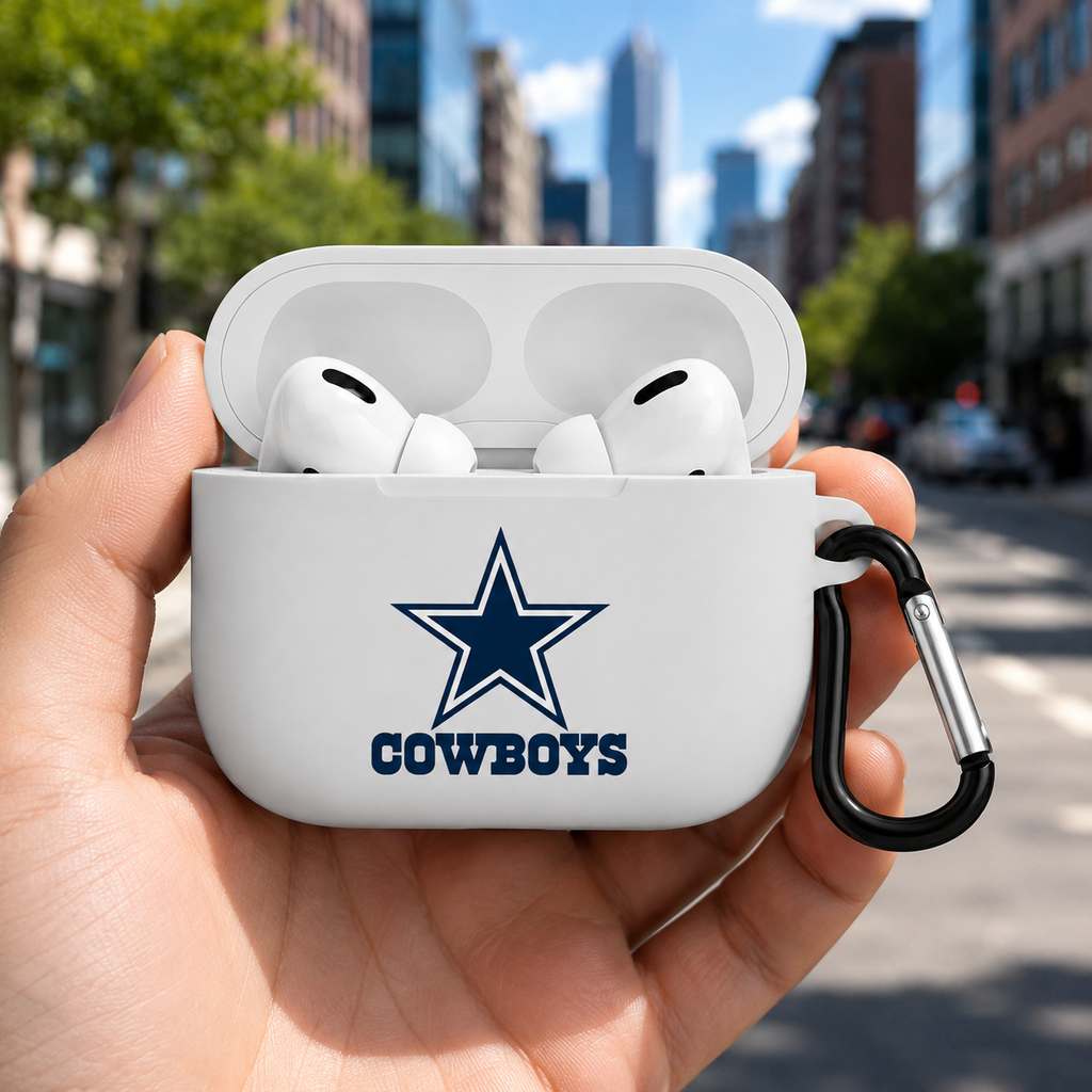 White Star Cowboys-Inspired Earphone Case, Protective Earbuds Cover with Clip, Western Sports Fan Tech Accessory