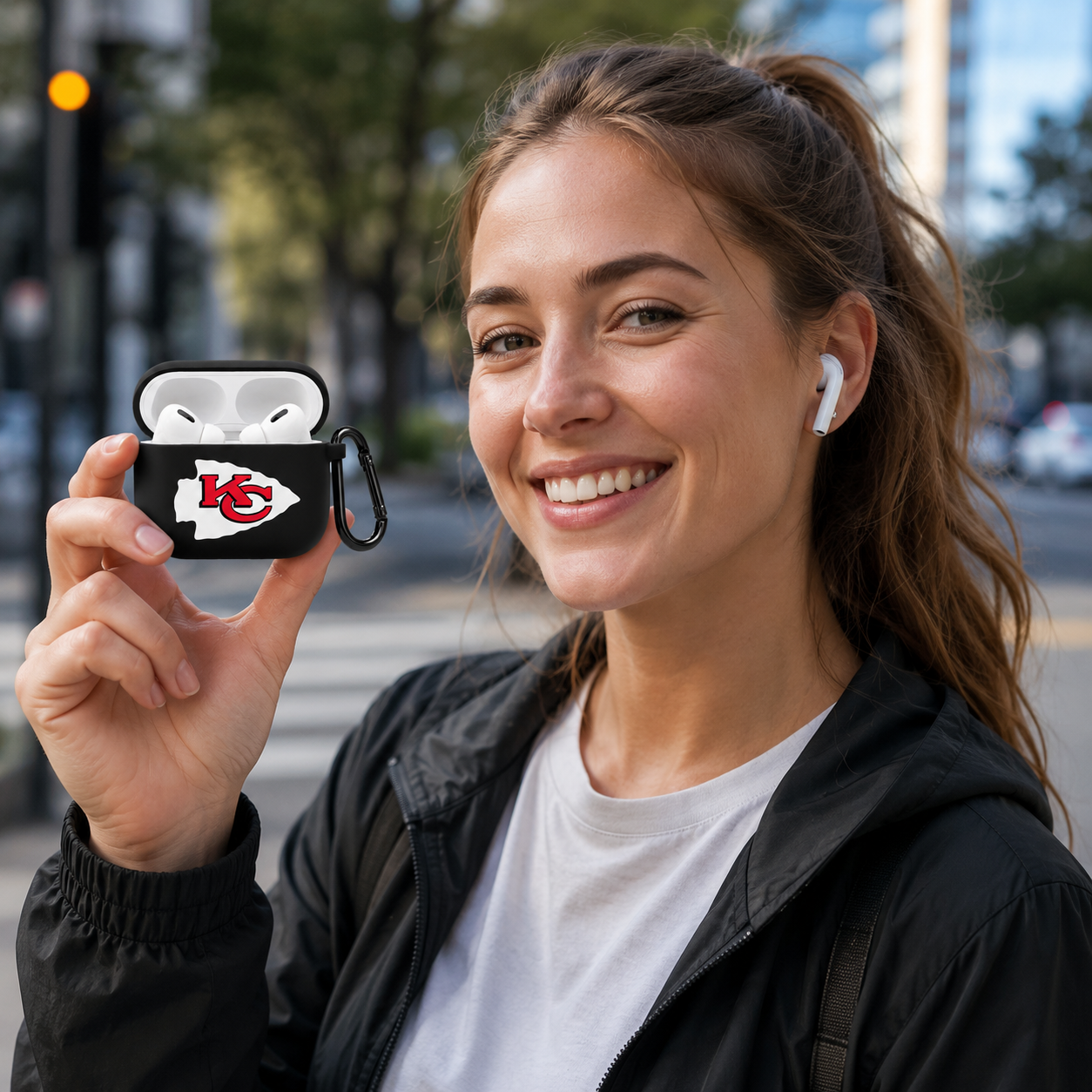 Black Arrowhead Football-Inspired Earphone Case, Protective Earbuds Cover with Clip, Red Sports Fan Tech Accessory