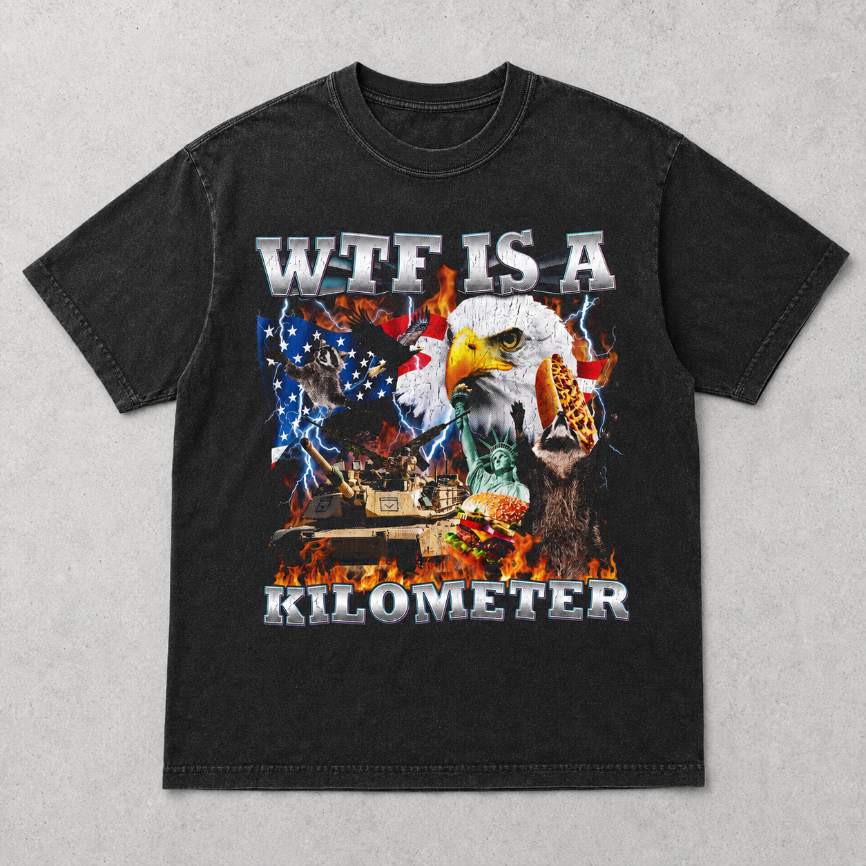 Bold Americana Humor Graphic T-Shirt, WTF Is A Kilometer Tee, Unisex Patriotic Eagle Shirt
