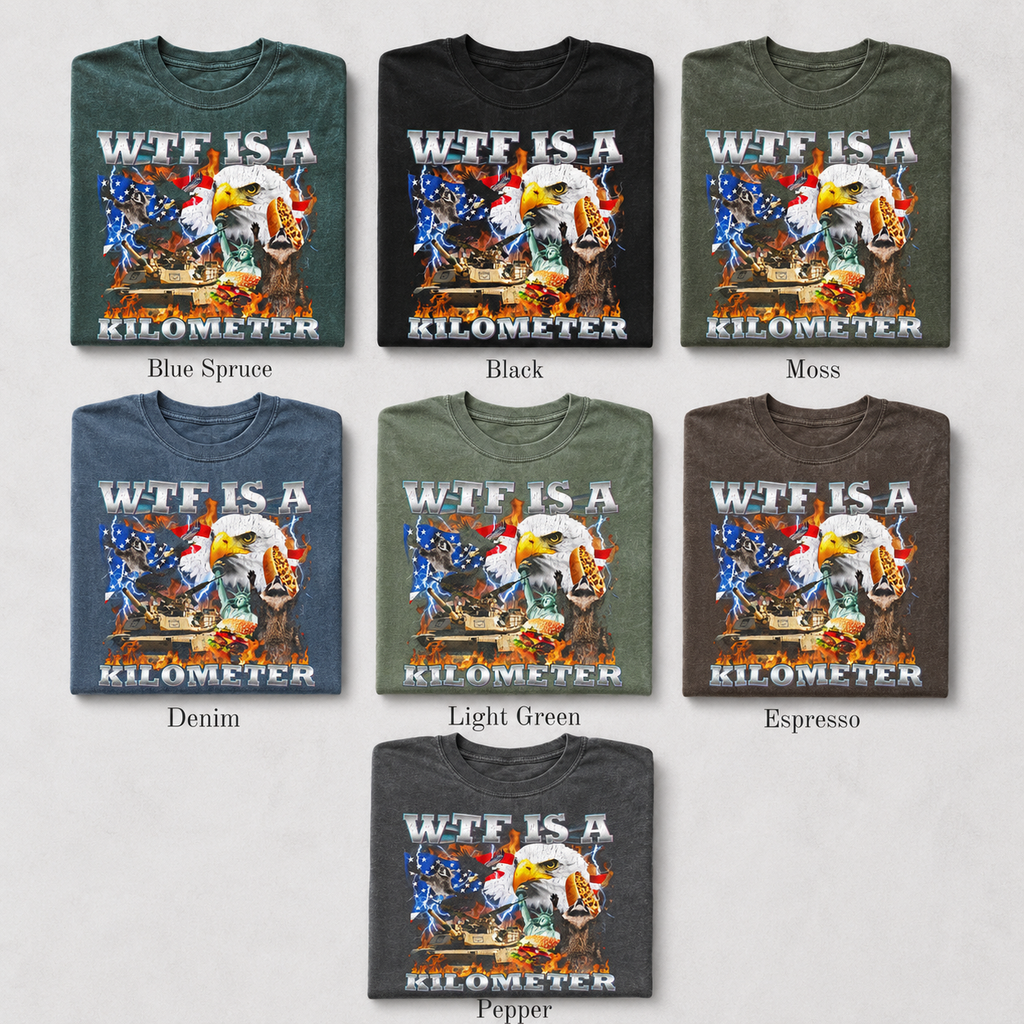 Bold Americana Humor Graphic T-Shirt, WTF Is A Kilometer Tee, Unisex Patriotic Eagle Shirt