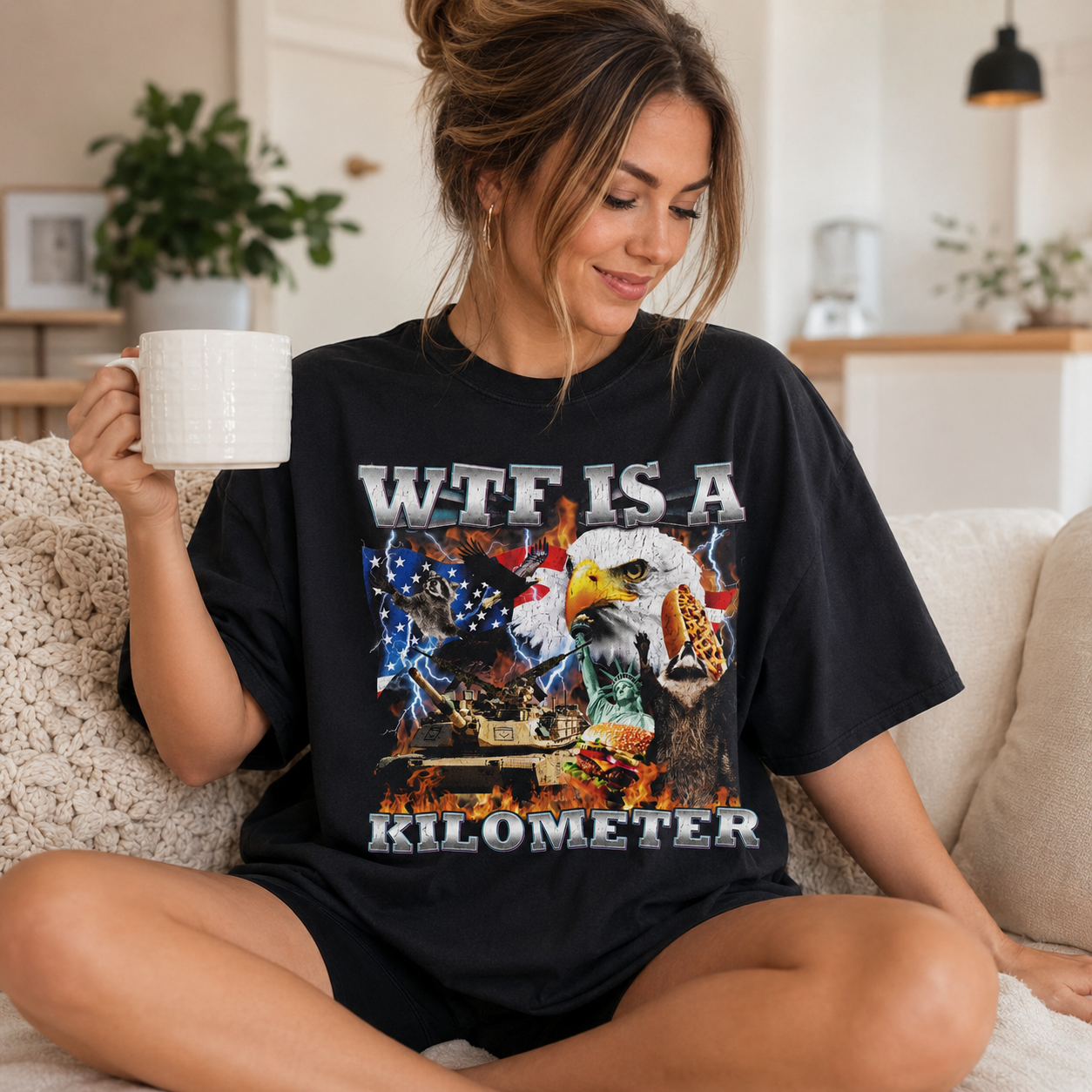 Bold Americana Humor Graphic T-Shirt, WTF Is A Kilometer Tee, Unisex Patriotic Eagle Shirt