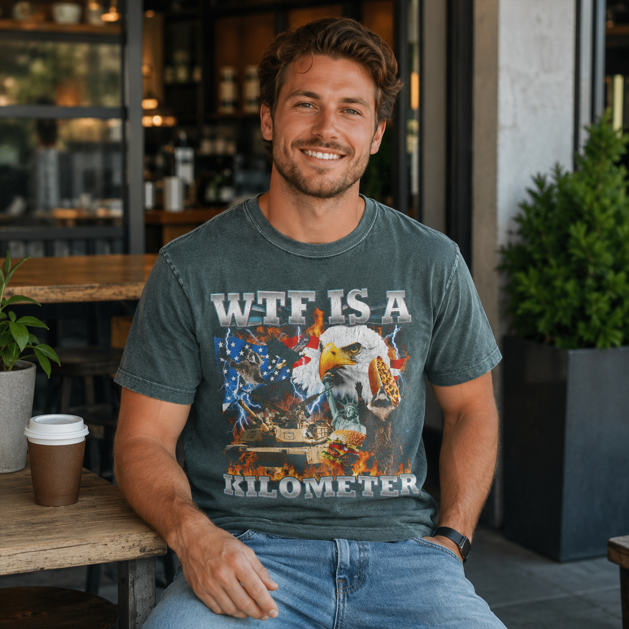 Bold Americana Humor Graphic T-Shirt, WTF Is A Kilometer Tee, Unisex Patriotic Eagle Shirt