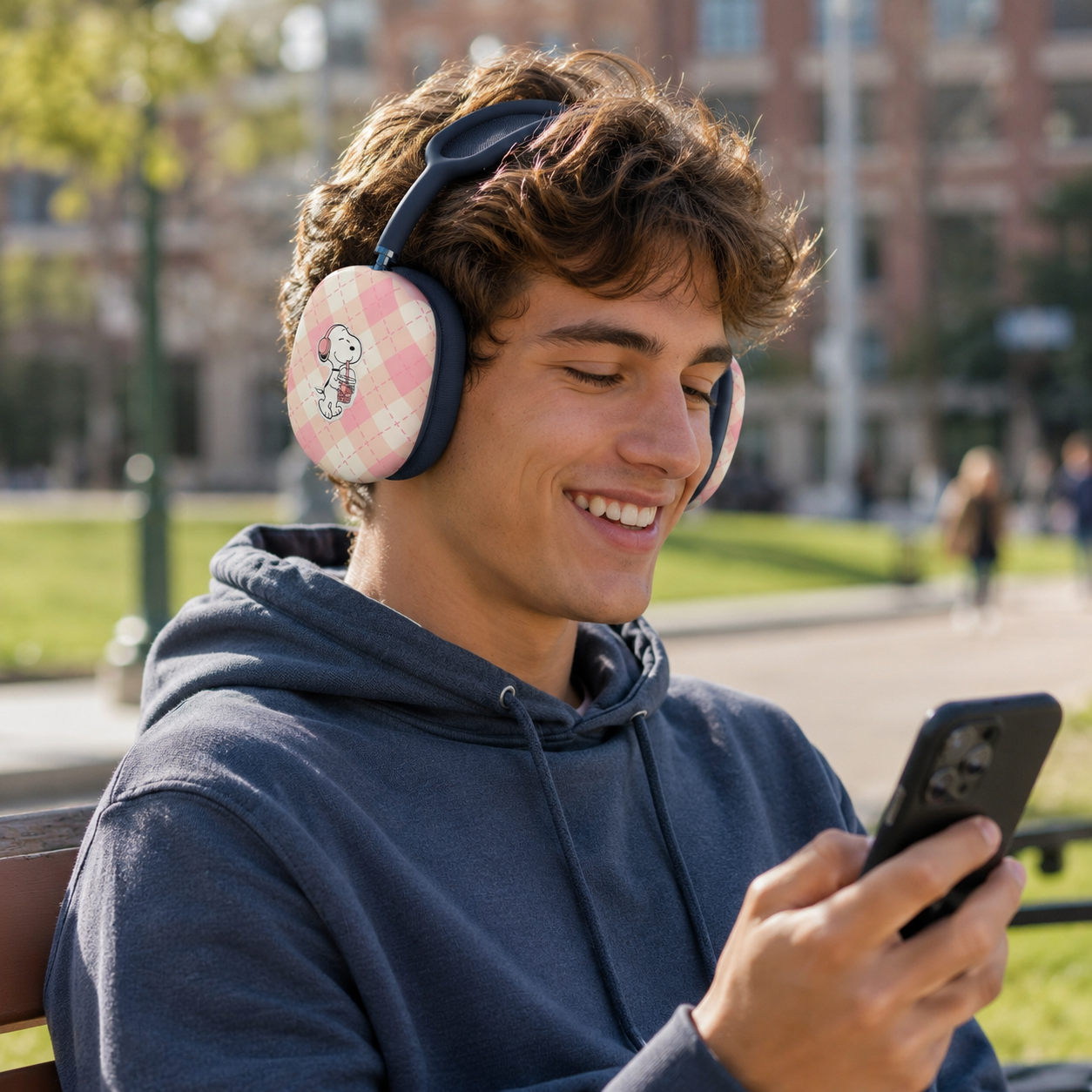Cute Pink Plaid Earbuds Case