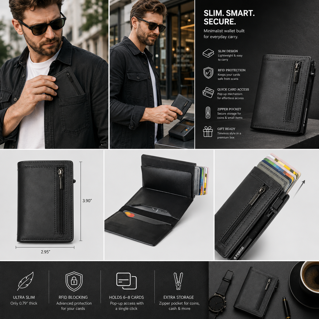 Slim Zipper Leather Wallet, Minimalist Card Holder Wallet, RFID Men’s Everyday Wallet