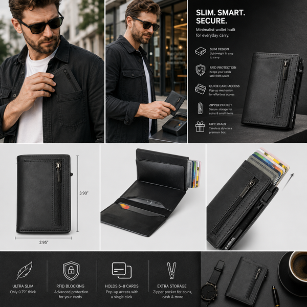 Slim Zipper Leather Wallet, Minimalist Card Holder Wallet, RFID Men’s Everyday Wallet