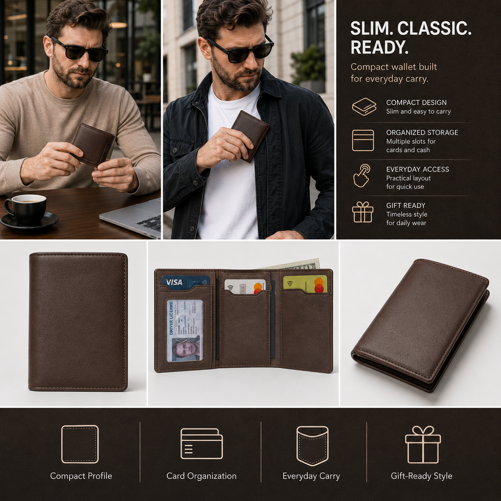 Men’s Trifold Leather Wallet, Multi Card Slot ID Holder Wallet, Slim Everyday Wallet for Men