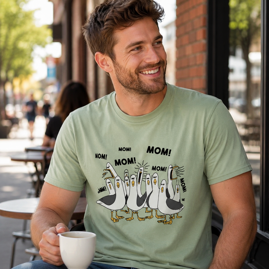Funny Seagull Mom Graphic T-Shirt, Coastal Bird Humor Tee, Unisex Casual Summer Shirt