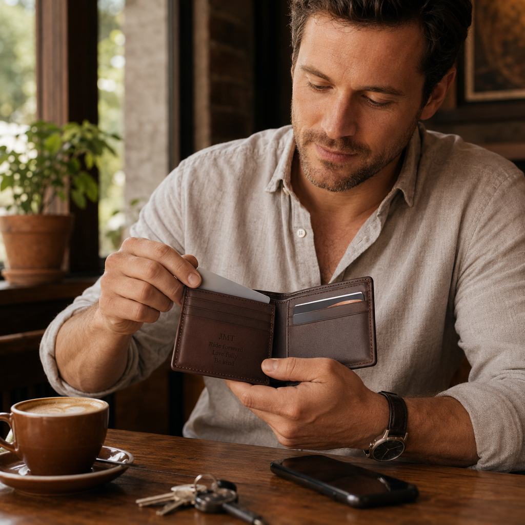 Custom Engraved Full Grain Leather Wallet, Personalized Men’s Photo Wallet, Handmade Bifold Gift for Dad