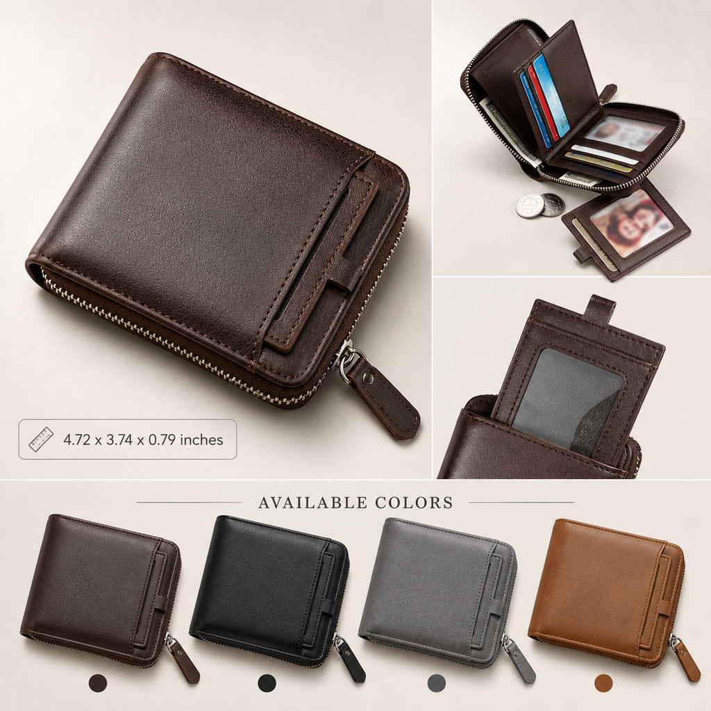 Men’s Zipper Leather Wallet, Bifold Wallet with Removable ID Holder, Multi Card Slot Everyday Wallet