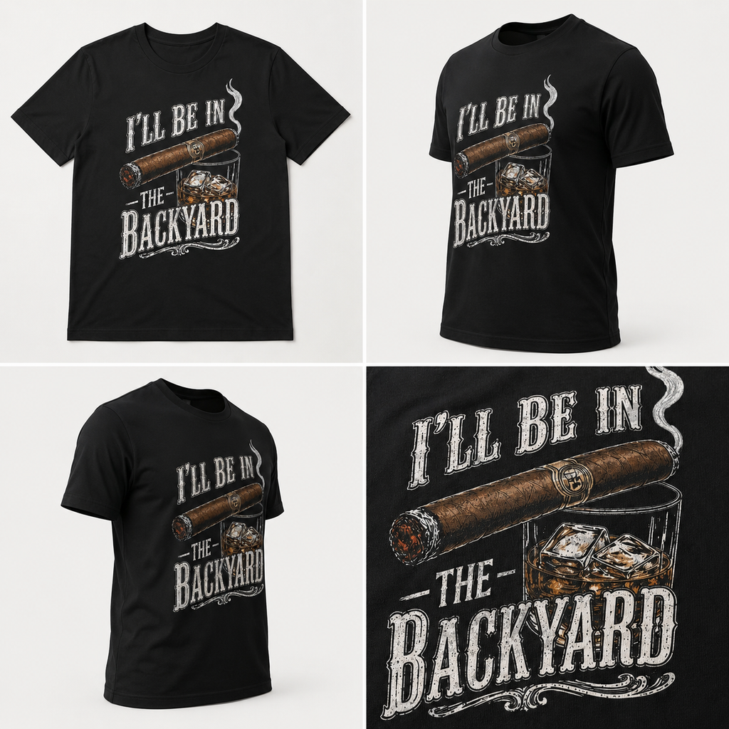 Backyard Lounge Graphic T-Shirt, Cigar Whiskey Tee, Funny Dad Outdoor BBQ Shirt, Casual Men’s Summer Tee