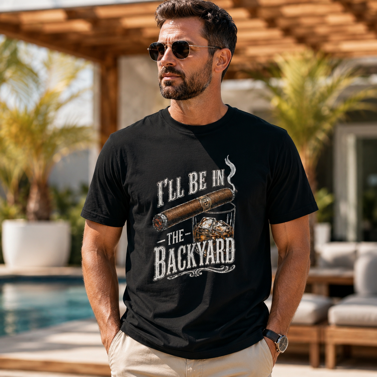 Backyard Lounge Graphic T-Shirt, Cigar Whiskey Tee, Funny Dad Outdoor BBQ Shirt, Casual Men’s Summer Tee