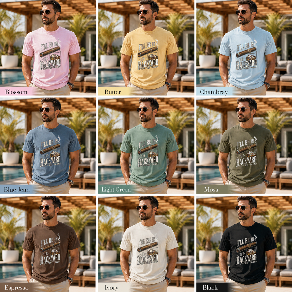 Backyard Lounge Graphic T-Shirt, Cigar Whiskey Tee, Funny Dad Outdoor BBQ Shirt, Casual Men’s Summer Tee