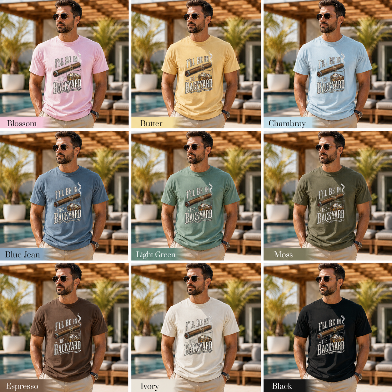 Backyard Lounge Graphic T-Shirt, Cigar Whiskey Tee, Funny Dad Outdoor BBQ Shirt, Casual Men’s Summer Tee